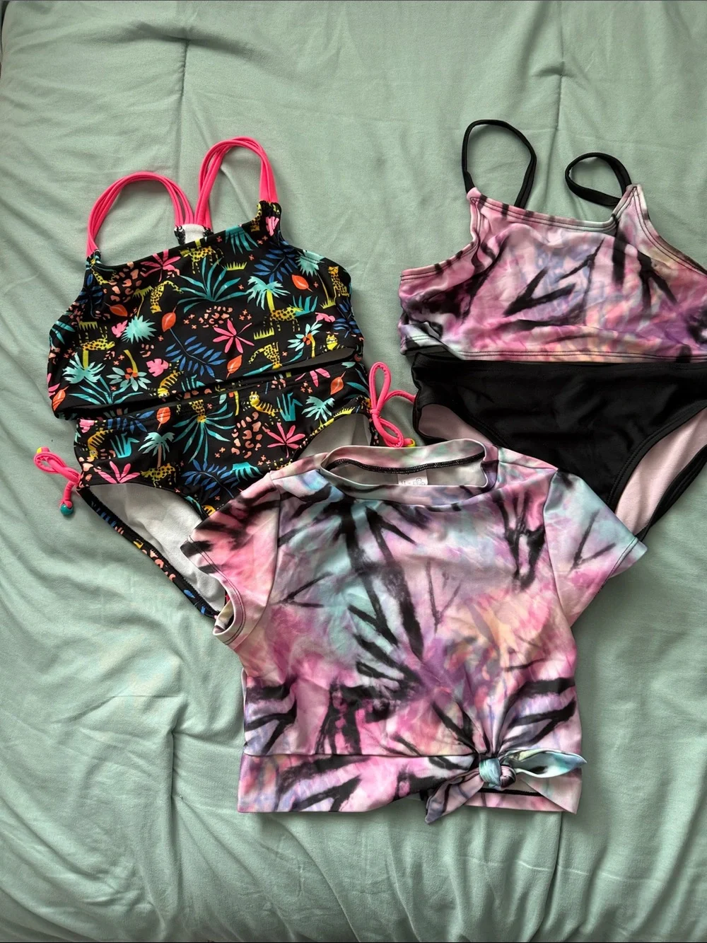 Kids Pink Tie-Dye Swim Top and Black Floral Bikini Set